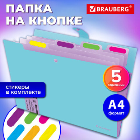 Папка-органайзер на кнопке 5 отделений, BRAUBERG "Extra", А4, голубая с лиловым, 274099