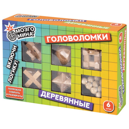 Головоломки деревянные, набор 6 штук, разные уровни сложности, МОЗГОМИНА, 666426