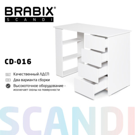 Стол письменный/компьютерный BRABIX "Scandi CD-016", 1100х500х750 мм, 4 ящика, белый, 641891, ЦБ013707-1
