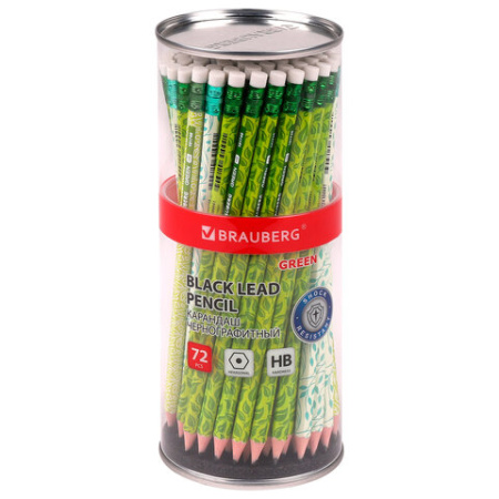 Карандаш чернографитный BRAUBERG "GREEN", 1 шт., HB, с ластиком, пластиковый, ассорти, 181746