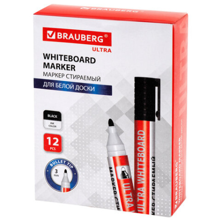Маркер стираемый для белой доски ЧЕРНЫЙ, BRAUBERG "ULTRA WHITEBOARD MARKER", 3 мм, с клипом, 152634