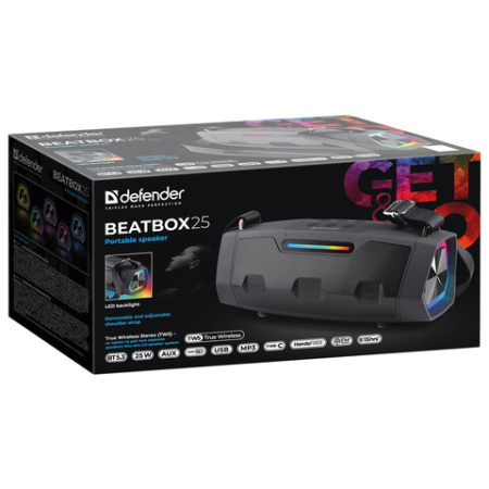 Колонка портативная DEFENDER Beatbox 25, 25 Вт, 3000 мАч, Bluetooth, FM, Type-C, черная, 65325