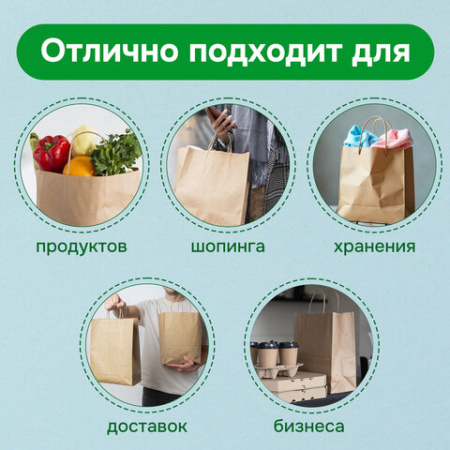 Крафт-пакет бумажный 24х14х28 см, КОМПЛЕКТ 50 шт., крученые ручки, плотность 90 г/м2, LAIMA ECO CRAFT, 609685