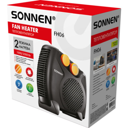 Тепловентилятор SONNEN FH06, 1000/2000 Вт, 2 режима нагрева, режим вентиляции, черный/оранжевый, 457781
