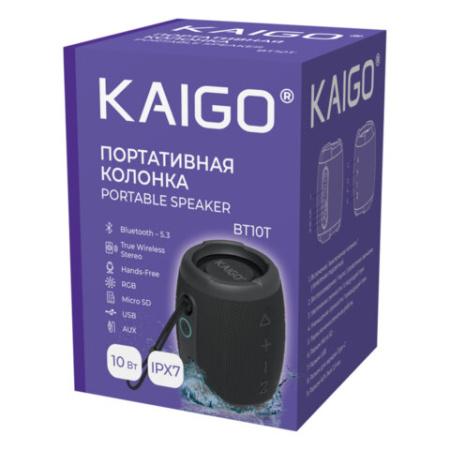 Колонка портативная влагозащищенная KAIGO (КАЙГО) BT10T, 10 Вт, Bluetooth, USB, Micro SD, AUX, RGB, TWS, IPX7, черная, 514224