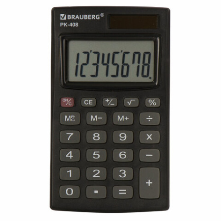 Калькулятор карманный BRAUBERG PK-408-BK (97x56 мм), 8 разрядов, двойное питание, ЧЕРНЫЙ, 250517