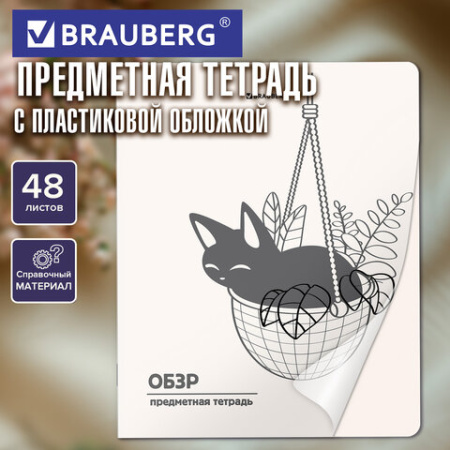 Тетрадь предметная КОТ-НЕПОСЕДА 48 л., пластиковая обложка, ОБЗР, клетка, подсказ, BRAUBERG, 405539