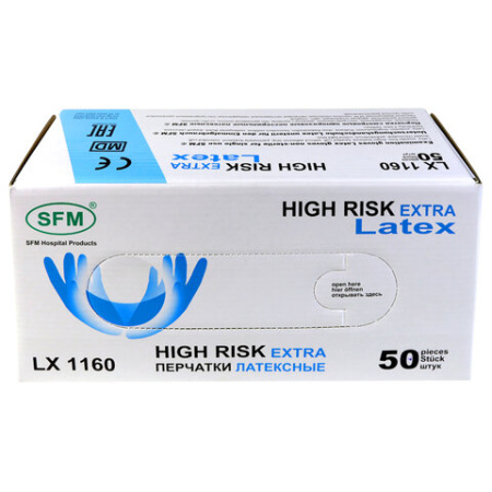 Перчатки латексные медицинские смотровые сверхпрочные SFM HIGH RISK LX 1160, Германия, 25 пар (50 штук), размер 9-10, XL (очень большой)