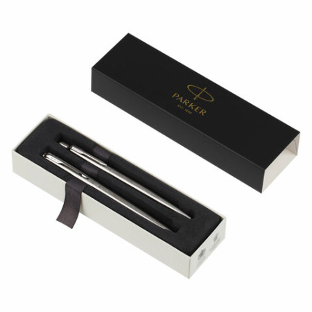 Набор PARKER "Jotter Stainless Steel GT": шариковая ручка синяя и перьевая ручка синяя, 2093258