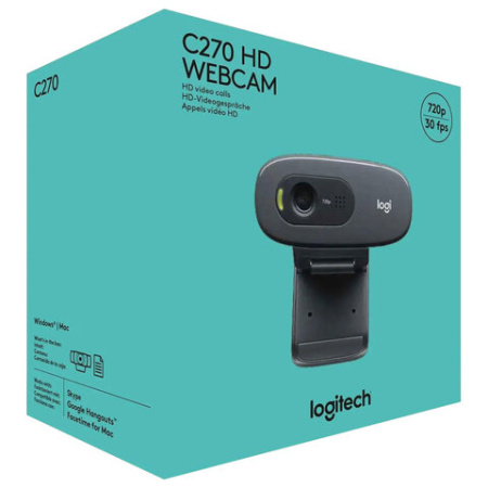 Веб-камера LOGITECH C270, 1/3 Мп, микрофон, USB 2.0, регулируемый крепеж, черная