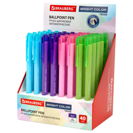Ручка шариковая автоматическая BRAUBERG "TRIOS BRIGHT COLOR", корпус ассорти, СИНЯЯ, пишущий узел 0,5 мм, линия письма 0,3 мм, 144497