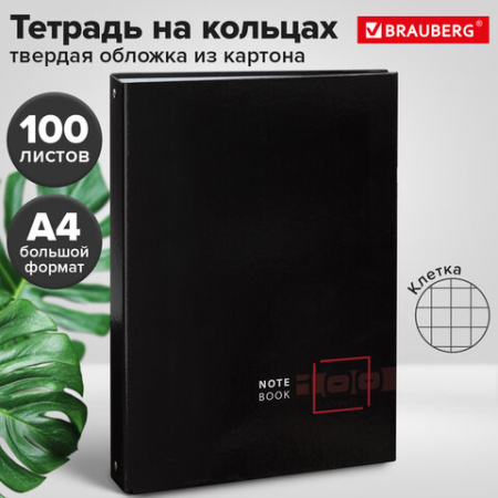 Тетрадь на кольцах БОЛЬШАЯ А4, 210х305 мм, 100 листов, твердый картон, клетка, BRAUBERG, "Dark", 404101
