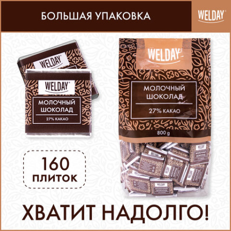 Шоколад порционный высшего качества WELDAY (ВЭЛДЭЙ) "Молочный 27%", 800 г (160 плиток по 5 г), пакет, 622406