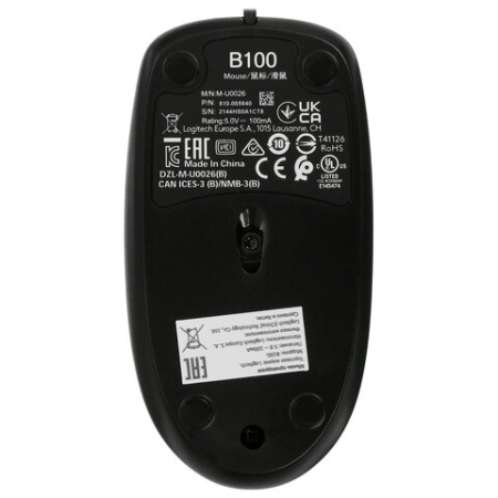 Мышь проводная LOGITECH B100, USB, 2 кнопки + 1 колесо-кнопка, оптическая, черная