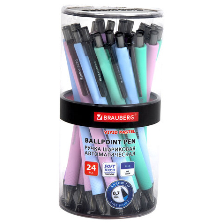 Ручка шариковая автоматическая BRAUBERG "VIVID PASTEL", корпус soft-touch, СИНЯЯ, пишущий узел 0,7 мм, линия письма 0,35 мм, 144404