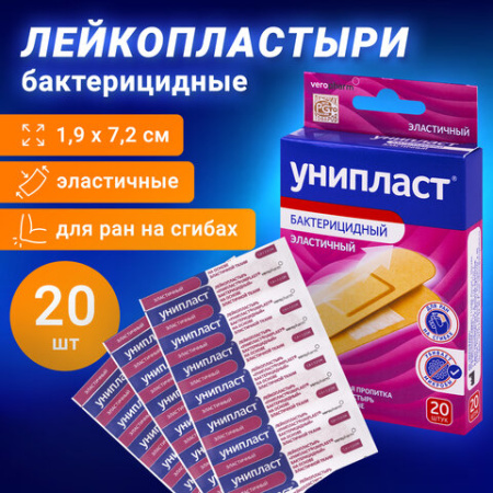 Набор лейкопластырей бактерицидных 20 шт., 1,9х7,2 см, УНИПЛАСТ, эластичные, 20024388