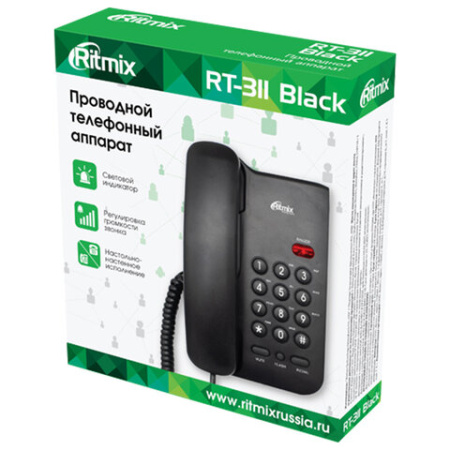 Телефон RITMIX RT-311 black, световая индикация звонка, тональный / импульсный режим, повтор, черный, 80002231