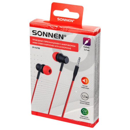 Наушники проводные внутриканальные с микрофоном SONNEN EP-H47RB, 1,1 м, красные/черные, 514129
