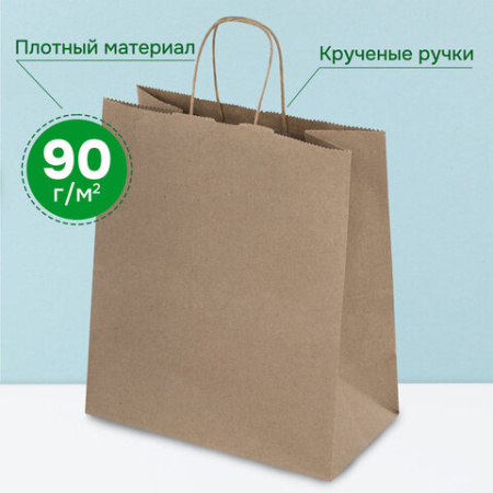 Крафт-пакет бумажный 22х12х25 см, КОМПЛЕКТ 50 шт., крученые ручки, плотность 90 г/м2, LAIMA ECO CRAFT, 609684