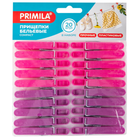 Прищепки бельевые 6,8 см, КОМПЛЕКТ 20 штук, пластик, ассорти, PRIMILA (ПРИМИЛА) COMPACT, 700520