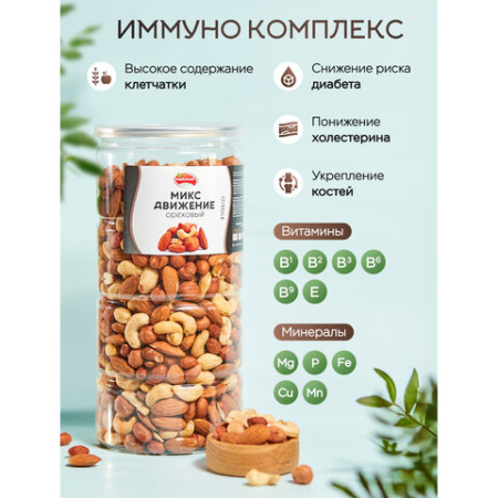 Орехи сушеные в банке "МИКС Движение", кешью, фундук, миндаль, арахис, 1 кг, NARMAK