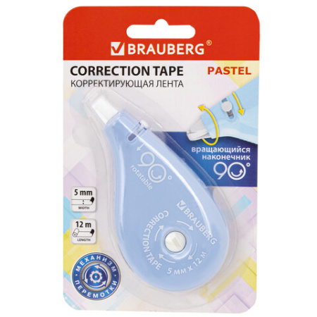 Корректирующая лента BRAUBERG PASTEL 5 мм х 12 м, вращающийся наконечник 90°, механизм перемотки, корпус голубой, блистер, 272488