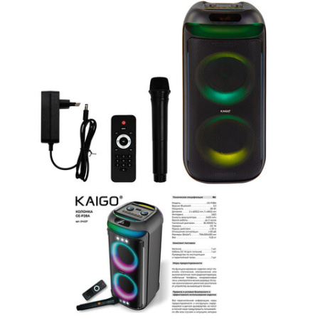 Колонка напольная KAIGO (КАЙГО) GE-P28A + микрофон и пульт В ПОДАРОК, 80 Вт, EQ, Bluetooth, USB, micro SD, AUX, LED, TWS, FM, 514227